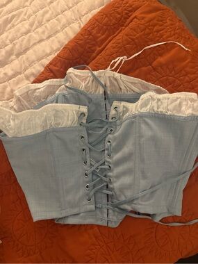 Light Blue Lace-Up Corset Top with White Ruffle Trim- urban outfitters